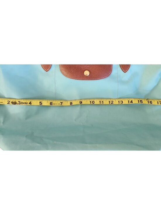Longchamp Le Pliage Medium Tote Bag Blue Nylon Brown Leather Foldable bag - Picture 12 of 14
